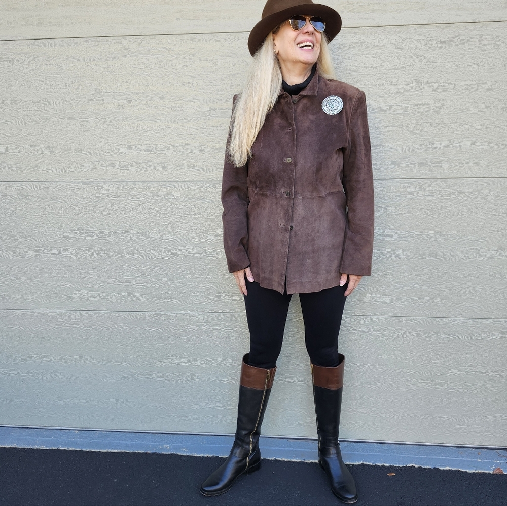 Kate Hill Brown Buttery Soft Suede Shirt Jacket W/ Metal Pin, Medium, $65